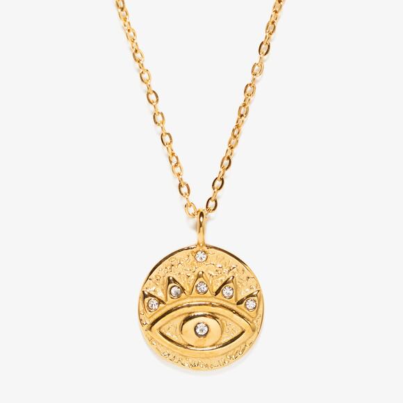 Evil Eye 18K Gold Plated Stainless Steel Coin Zircon Pendant Necklace Protection - Picture 1 of 10